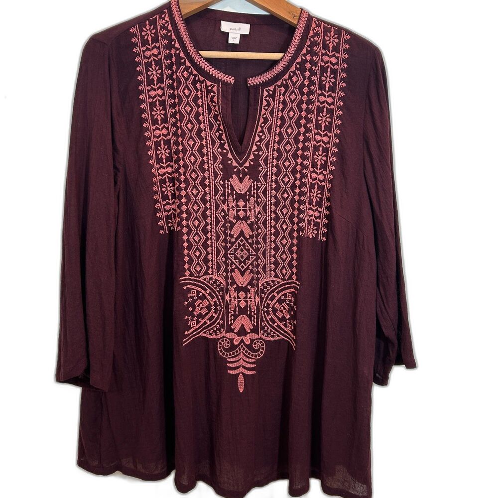 J. Jill Cotton Burgandy Embroidered Tunic Top Size L Boho Dark Fairy Casual